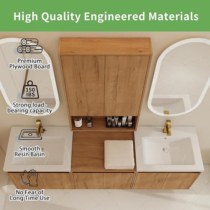 72" Bathroom Vanity Set, 72 Inch Modern Floating Vanity with 6 Doors and 1 Wall-Mounted Side Cabinet, Double Resin Sinks Wall Mount Cabinet Set, Open Storage Shelf, Imitative Oak