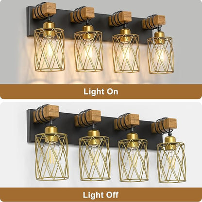 IZORRO Farmhouse Bathroom Vanity Light, 4-Light Wood Bathroom Light Fixtures Over Mirror, Black and Gold Industrial Vanity Lights with Metal Shade, Rustic Restroom Lighting Fixtures