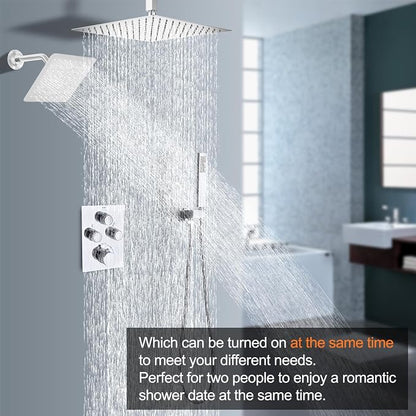 Dual Shower Heads Shower System with 16" Ceiling Mounted Rain Shower Head & 6" Wall Mounted Head Full Body Shower System 3 Way Thermostatic Shower Valve, Polished Chrome