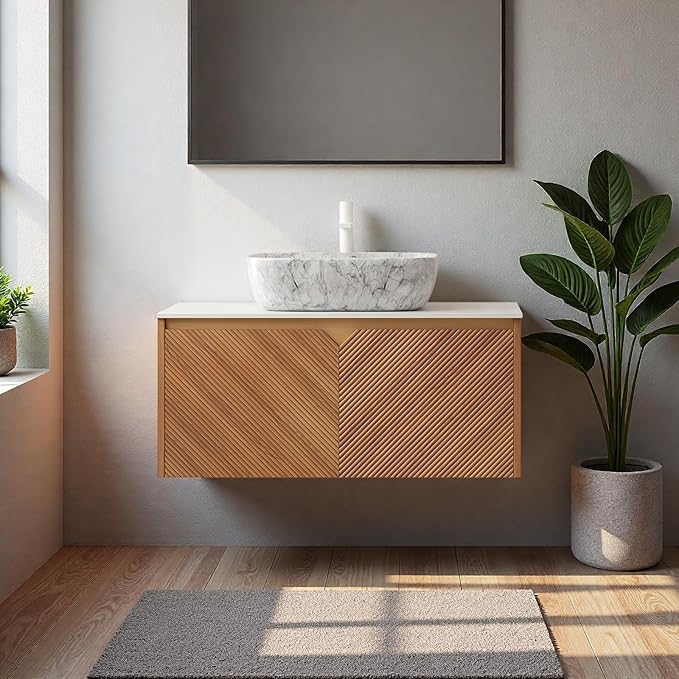 Floating Bathroom Vanity with Sink, 36" Bathroom Storage Cabinet with Sintered Stone Countertop & Marble-Pattern Ceramic Basin, Wall-Mounted Vanity with 2 Twill Pattern Doors, Brown Oak