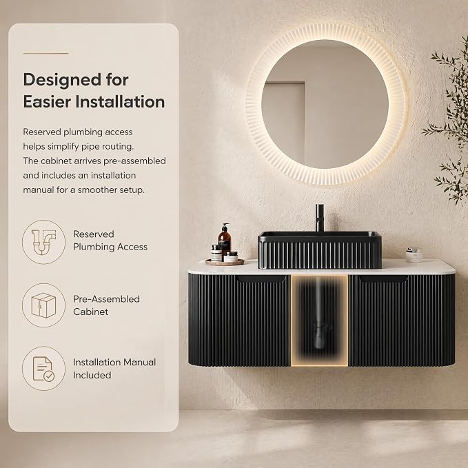 48 Inch Bathroom Vanity with Sink, Floating Wall Mounted Single Sink Vanity, Black Curved Fluted Front, Stone Top, Black Textured Rectangular Vessel Basin, Pre-Assembled