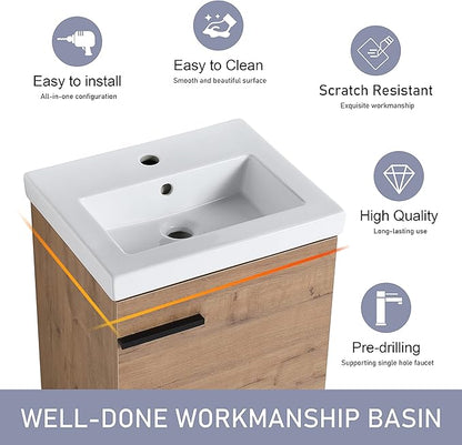 18" Bathroom Vanity with Sink, 18 Inch Floating Bathroom Vanity for Small Space, Modern Bathroom Vanity, Brown Wall Mounted Cabinet Set（017）