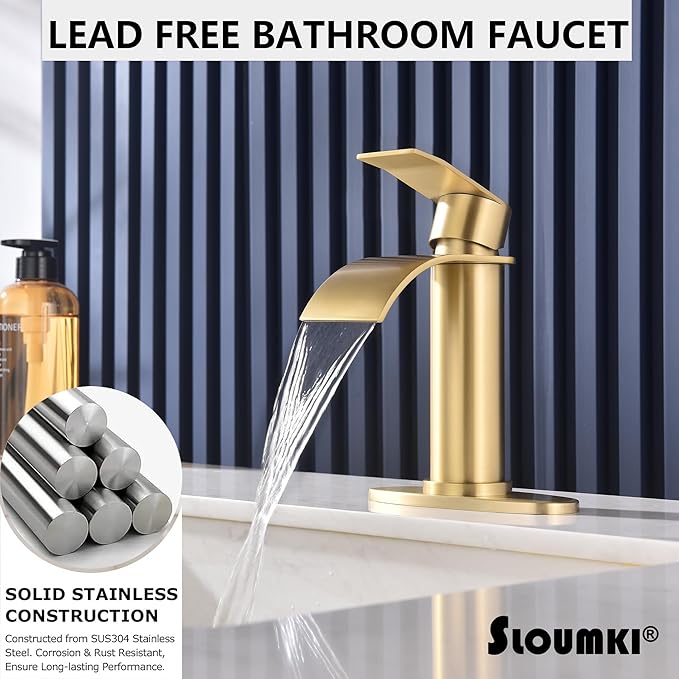 Brushed Gold Waterfall Bathroom Faucet Single Hole, Gold Bathroom Faucet for Sink 1 Hole with 6 in Deck Plate and Pop Up Drain and Supply Hose, Modern Bathroom Sink Faucet，SL5002BG