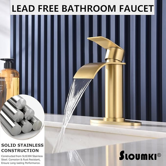 Brushed Gold Waterfall Bathroom Faucet Single Hole, Gold Bathroom Faucet for Sink 1 Hole with 6 in Deck Plate and Pop Up Drain and Supply Hose, Modern Bathroom Sink Faucet，SL5002BG