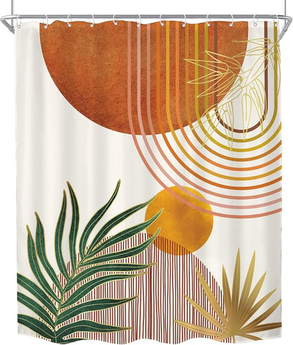Mid Century Orange Boho Abstract Retro Gold Bathroom Shower Curtain Set | 72Wx84H Arch Geometric design, waterproof HD print with fast-drying fabric and 12 hooks.