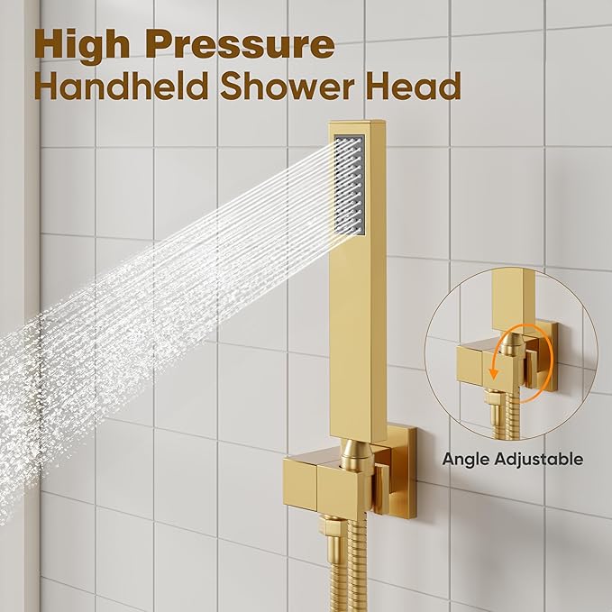 ESNBIA Gold Shower Head, Rainfall Shower System with 10 Inches Rain Shower Head, All Metal Shower Faucet Set with Shower Valve, Wall Mounted Shower Fixtures, Brushed Gold
