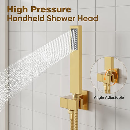 ESNBIA Gold Shower Head, Rainfall Shower System with 10 Inches Rain Shower Head, All Metal Shower Faucet Set with Shower Valve, Wall Mounted Shower Fixtures, Brushed Gold
