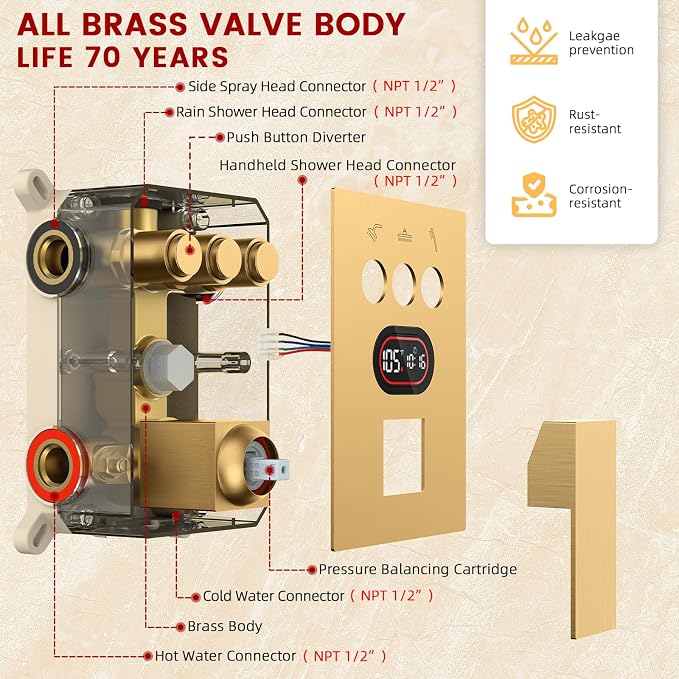 Longriver 3-Push Button Shower Faucet Set Hydro Power Temperature Display | Shower System Ceiling Mounted 10" & Wall Mounted 6" Shower Head with 3-Spary Handheld, Brushed Gold