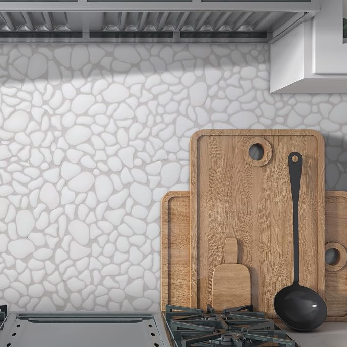 SUNWINGS 10-Sheet Pebble Tile for Shower Floor Border Kitchen Bathroom Backsplash, White Recycled Glass Marble Stone Looks Wall and Floor Tile, Covers 7.9 Sq. Ft