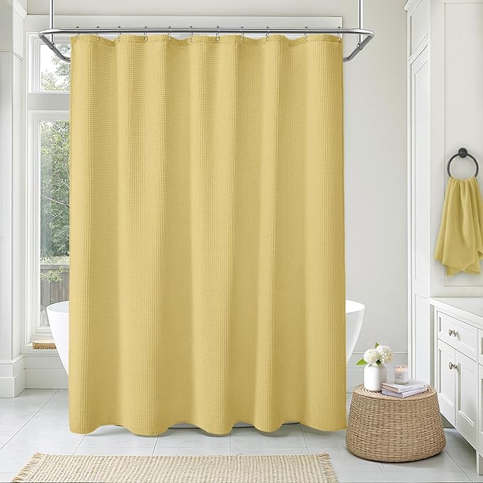 Waffle Weave Shower Curtain - Yellow Cotton Fabric Texture Heavyweight Shower Curtains for Bathroom,Washable,72Wx72L