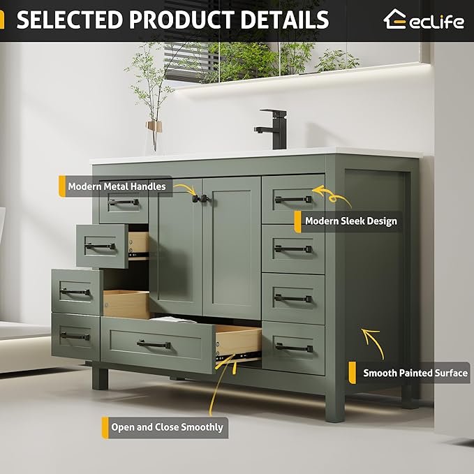 eclife 48" Bathroom Vanities with Sink Combo, Modern Thickened Wood Bathroom Storage Cabinet w/Undermount Single Sink, Matte Black Faucet Drain, Painted Surface, Green