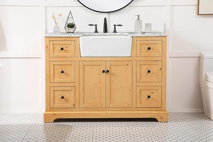 48" Pre-Assembled Bathroom Vanity with Sink, Solid Birch and MDF, Carrara White Marble Countertop Attached, Single Rectangle Porcelain Sink, 6 Soft-Close Drawers, Natural Wood