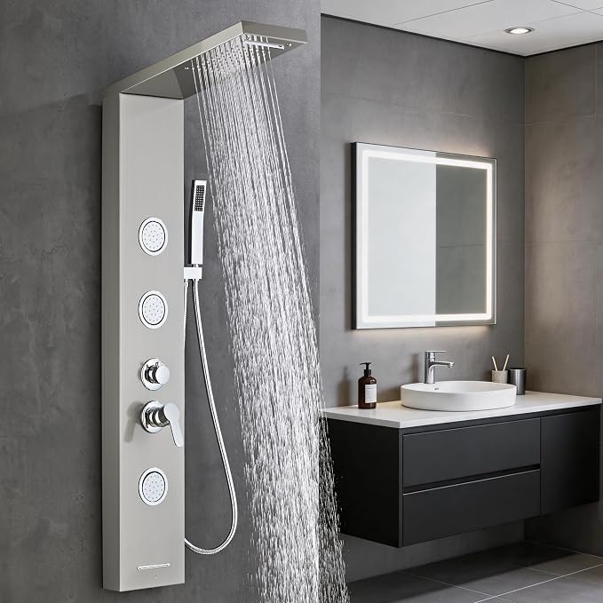5-In-1Shower Panel Tower System-Brushed Gray | 304 stainless steel Shower Panel Column Tower With Powerful Body Jets,Body Spray,Rainfall,Waterfall,Handheld And Tub Spout