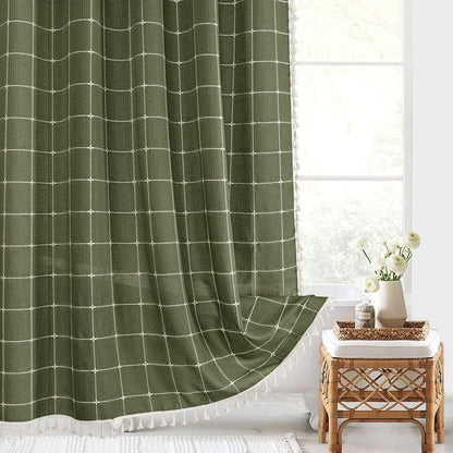 Extra Long Boho Farmhouse Shower Curtain for Bathroom 72x84 | Extra Long French Country Plaid Tassel Shower Curtain, Rustic Aesthetic Bathroom Decor Windows Curtain, Green