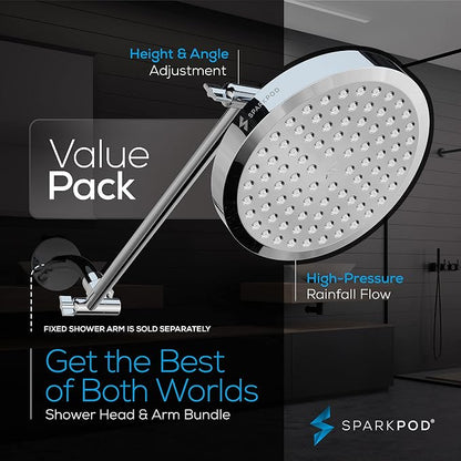 SparkPod 6" Round Rain Shower Head with 16" Shower Arm | Shower Head & Extension Arm Combo, Height Adjustable, High Pressure Performance, Easy 1-Minute Installation, Polished Chrome