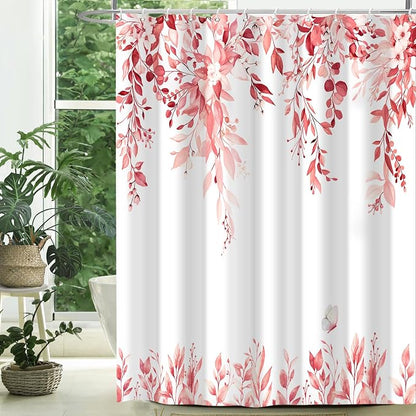 Pink Floral Eucalyptus Shower Curtain with Hooks, 72x72 Inch | Waterproof Fabric, Watercolor Leaves and Floral, Botanical Style, Machine Washable, Quick-Drying, for Hotel Bathroom