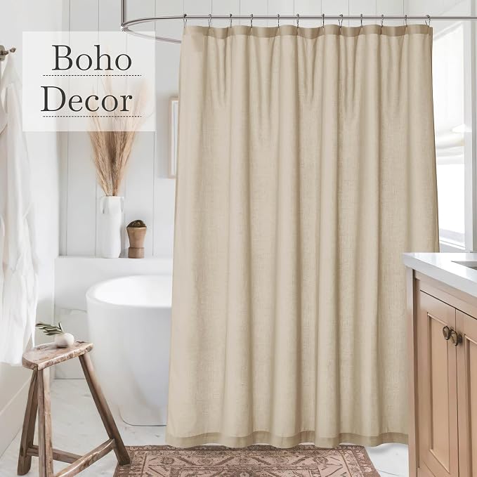 KGORGE Linen Blend Semi-Sheer Shower Curtains Lightweight for Bathroom | Waterproof Fabric for Bathtub, Button Hole Half Privacy Quick Dry, Hooks Included, Angora, W54 x L78