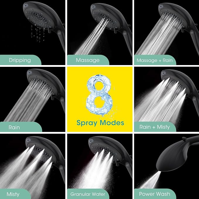 Filtered Shower Head with Handheld, High Pressure 8 Sprays, Black | 80" Long Stainless Hose, Built-in Power Wash, Water Softener Filter Beads for Hard Water - Remove Chlorine, Reduce Dry Skin