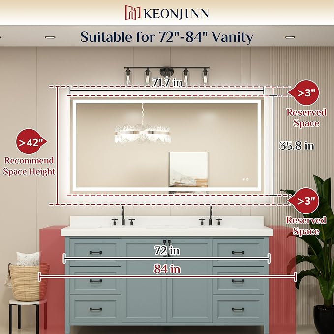 Keonjinn 72x36 Inch LED Bathroom Mirror with Lights, Frontlit & Backlit | HD Tempered Grass, 3-Color Temperature & Stepless Dimmable Lighting, Fast & Safe Defogging, Effortless Installation