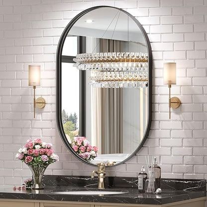 Brightify Black Oval Mirror for Wall 20x33 Inch, Metal Framed Bathroom Vanity Mirrors, Modern Pill Shape Mirror for Bedroom Living Room Wall Decorative Hang Vertical and Horizontal