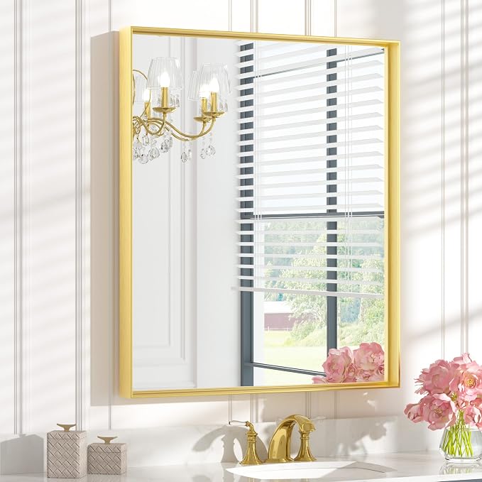 Keonjinn 30x36 Inch Gold Bathroom Mirror for Over Sink, Vanity Mirror | HD Tempered Glass, Rectangular, Brushed Framed, Square Corner, Modern Farmhouse, Wall Mounted Mirrors, Aluminum Alloy