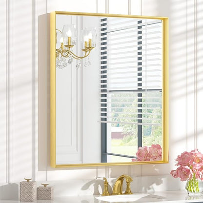 Keonjinn 30x36 Inch Gold Bathroom Mirror for Over Sink, Vanity Mirror | HD Tempered Glass, Rectangular, Brushed Framed, Square Corner, Modern Farmhouse, Wall Mounted Mirrors, Aluminum Alloy