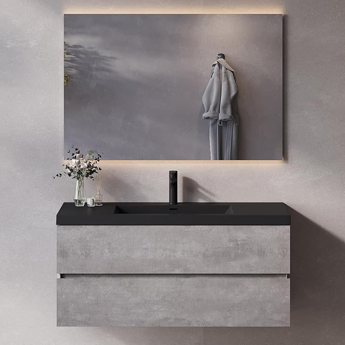 Wall Mounted 48 Inch Bathroom Vanity with Sink, Floating Vanity Bathroom, Single Sink Bathroom Vanity, 2 Drawers, 2 Soft Closing Doors, Resin Integrated Sink (Dark Birch)