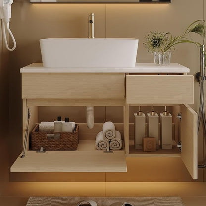 32" Modern Bathroom Vanity Set Floating Bathroom Vanities with Above Ceramic Sink 32-inch Wall Mounted Wood Bathroom Sink Cabinet with 1 Drawers and 2 Storage Cabinets