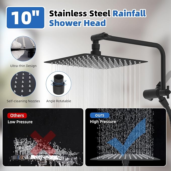 10" Metal Rainfall Shower Head with 10-Mode Handheld, Matte Black | NSF/ANSI/CAN 372 Certified, High Pressure Showerhead Combo with 11" Adjustable Shower Arm, 71" Hose, Shower Head Holder