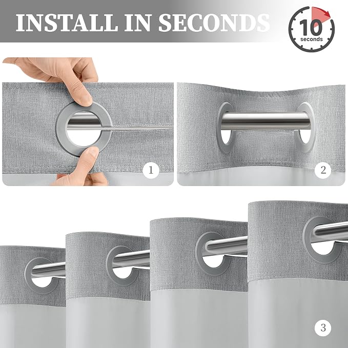 Grey Ringless Linen Textured Shower Curtain with Snap in Liner, 72x75 | 3 in 1 Hotel Shower Curtain Set, Removable Liner, Waterproof & Washable, Mesh Top Window, Durable Fabric, Easy to Install