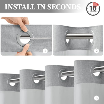 Grey Ringless Linen Textured Shower Curtain with Snap in Liner, 72x75 | 3 in 1 Hotel Shower Curtain Set, Removable Liner, Waterproof & Washable, Mesh Top Window, Durable Fabric, Easy to Install