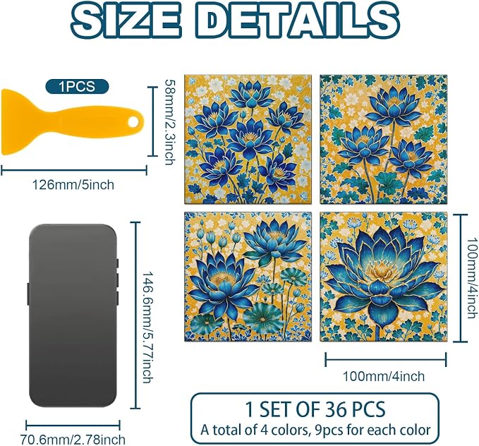 36 Pcs 4 Style Blue Flowers Tile Stickers Golden Flowers Peel and Stick Wall Tile Stickers Waterproof Self Adhesive Lotus Stick on Tiles Decals for Kitchen Bathroom Wall Art Decor, 4×4 Inch
