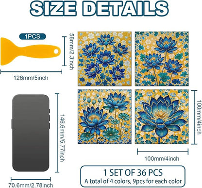 36 Pcs 4 Style Blue Flowers Tile Stickers Golden Flowers Peel and Stick Wall Tile Stickers Waterproof Self Adhesive Lotus Stick on Tiles Decals for Kitchen Bathroom Wall Art Decor, 4×4 Inch