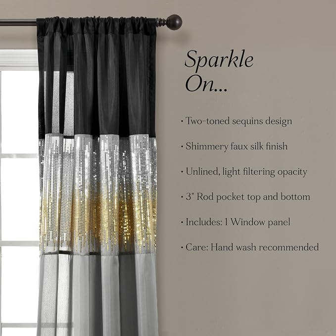 Lush Decor Night Sky Window Curtain Panel, Single 42"W x 95"L Black & Gold - Sequin Backdrop Curtain - Room Darkening Curtains For Bedroom - Glam Decor