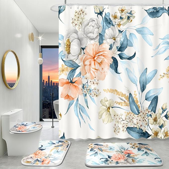 16 PCS Floral Shower Curtain Set with Rugs,72x72 Inch | Flower Bath Curtains, High Absorbent Non-Slip Mats, Thick 120GSM Fabric Curtain with 12 Brushed Metal Hooks,