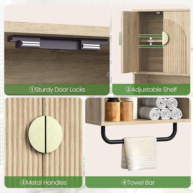 Bathroom Wall Cabinet, Medicine Cabinet for Bathroom, Wall Mounted Bathroom Cabinet with Towel Bar, Fluted Doors, Wall Cabinet for Bathroom, Kitchen, Living Room, Natural Oak and Gold