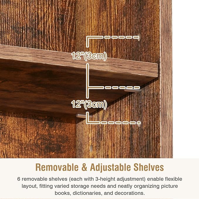 VECELO Curved Top Narrow Tall Bookshelf, 6 Adjustable Movable Shelves, Wood Space Saving Corner Storage Organizer, Retro Brown