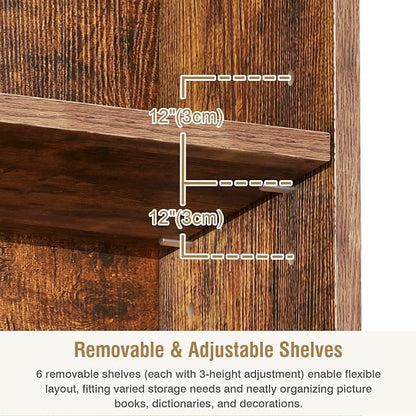 VECELO Curved Top Narrow Tall Bookshelf, 6 Adjustable Movable Shelves, Wood Space Saving Corner Storage Organizer, Retro Brown