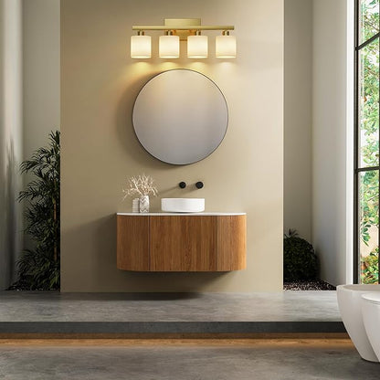 PARTPHONER Bathroom Light Fixtures, Bathroom Lighting Fixtures Over Mirror, Interior Classic Vanity Lights, Modern Vanity Light with Textured White Glass Shade, Brushed Gold, 4-Light