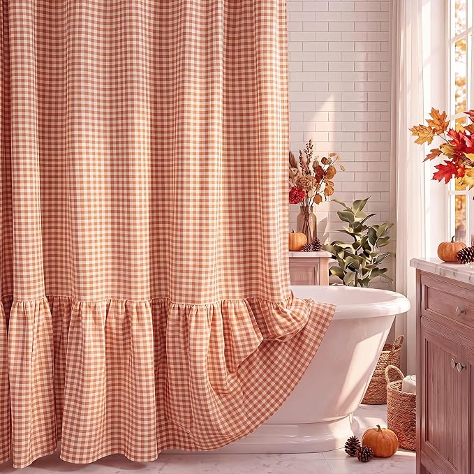 HunnmingRe Ruffle Hem Gingham Shower Curtain, Orange Farmhouse | Waterproof Fabric for Bathroom, Machine Washable, Standard Size Fits Most Tubs, Farmhouse Cottage Style Decor