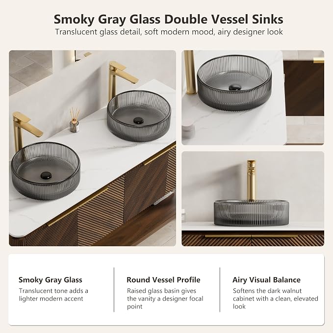 Yayzy 60 Inch Double Sink Bathroom Vanity, Dark Walnut Bathroom Cabinet with Double Smoky Gray Glass Vessel Sinks, Carrara White Sintered Stone Countertop, Soft Close Doors, Open Storage Shelf
