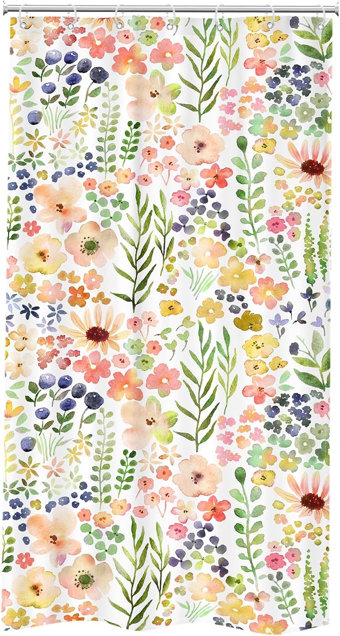 Small Stall Green Yellow Floral Narrow Colorful Bathroom Shower Curtain Set | 36"W x 72"H Flower Spring; waterproof HD print, quick-dry fabric with 12 hooks for easy hanging.
