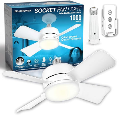 SOCKET BREEZE 15.4" Socket Fan Light Celing Fan with Remote Control | 1000 Lumens, 3 Speed & Light Modes, Portable Easy to Install Ceiling Fans Replacement for Bedroom, Bathroom, Living Room
