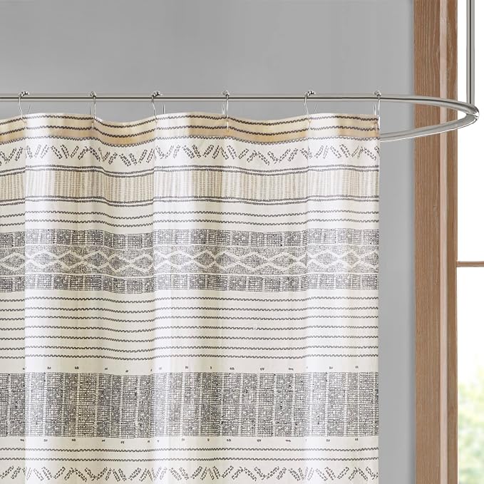 INK+IVY Cody Shower Curtain for Bathroom, Cotton, 72 x 72, Gray/Yellow | Adds Privacy, Machine Washable, Striped Pattern, Boho, OEKO-TEX Certified