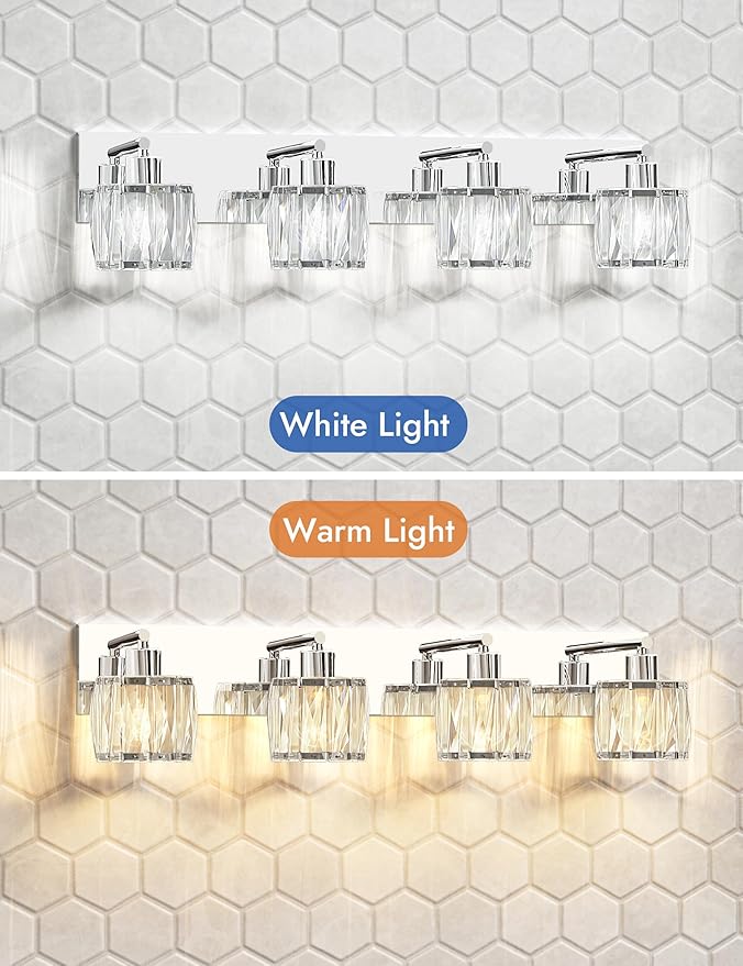 VOLISUN Crystal Vanity Lights - 4 Light Modern Stainless Steel Bathroom Light Over Mirror, Chrome Finish - UL Certificated (Exclude Bulb)