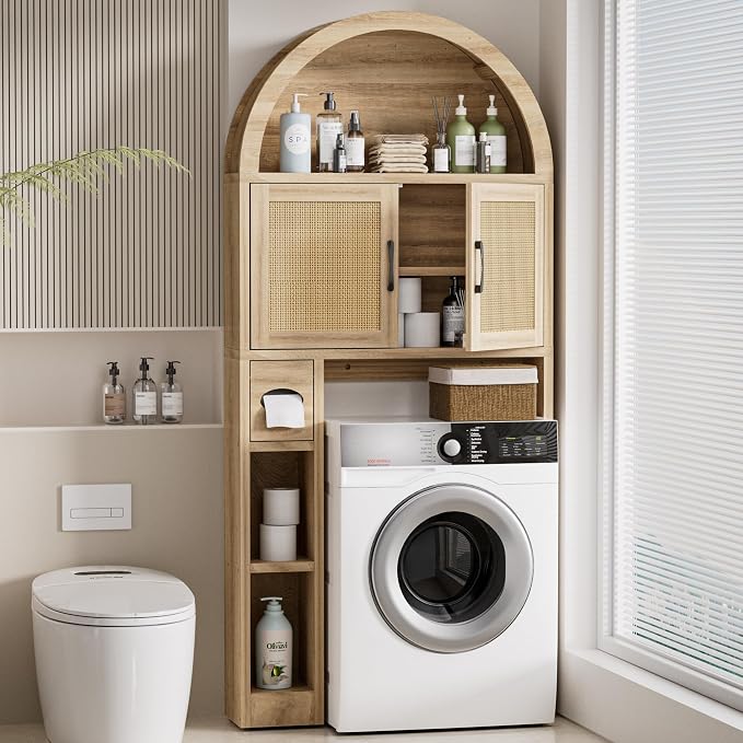 Spurgehom Over Toilet Storage Cabinet, Bathroom Arch Organizer,Rattan | Freestanding Arch Bathroom Cabinet with Anti-Tipping Safety Kit, Space-Saving Toilet Storage Shelf, Toiletries Organization.