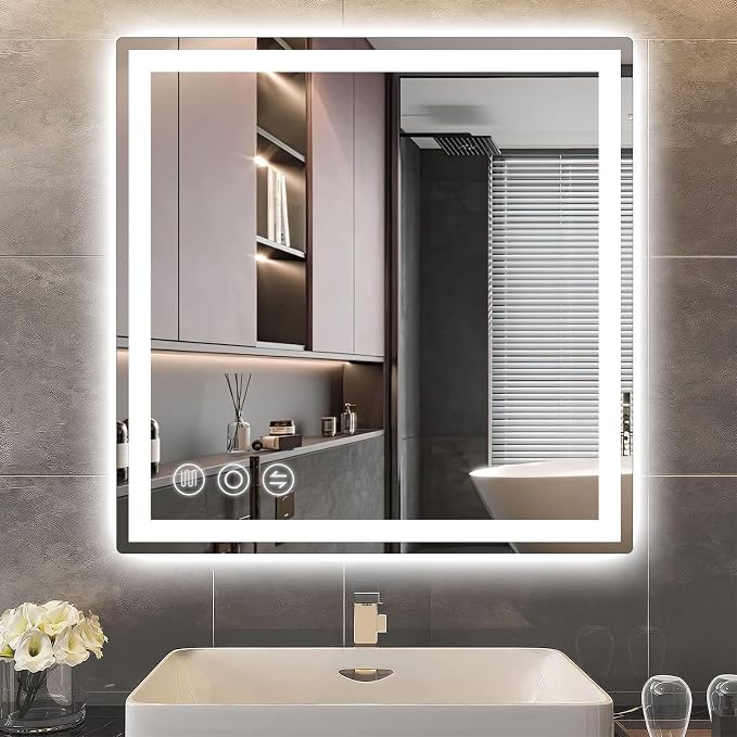 24" x 24" LED Bathroom Mirror with Lights, Memory Vanity Mirror | Anti-Fog, 3 Color Modes, Dimmable, Front Lit, Memory Function, Tempered Glass, Lighted Bathroom Mirror for Wall