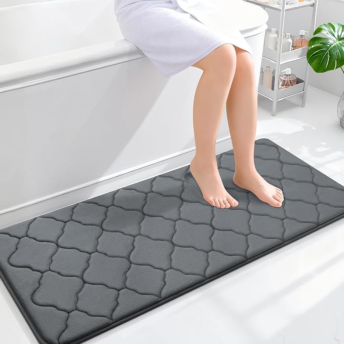 OLANLY Memory Foam Bath Mat Rug 47x20, Ultra Soft and Absorbent Bathroom Rugs, Non-Slip, Comfortable, Machine Washable Bath Carpet for Bathroom Floor, Tub, Shower and Home Decor Accessories, Dark Grey
