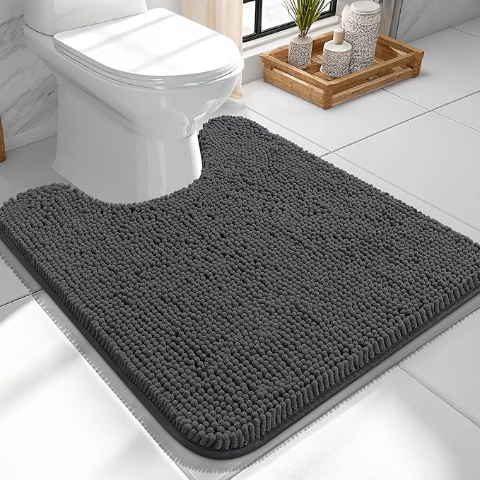 OLANLY Toilet Rugs U-Shaped 24x24, Soft Absorbent Chenille Contour Rugs | Dark Grey, Quick-Drying Rubber Backing, Machine Washable Non-Slip Shaggy Bathroom Mat for Toilet, Home Decor Accessories