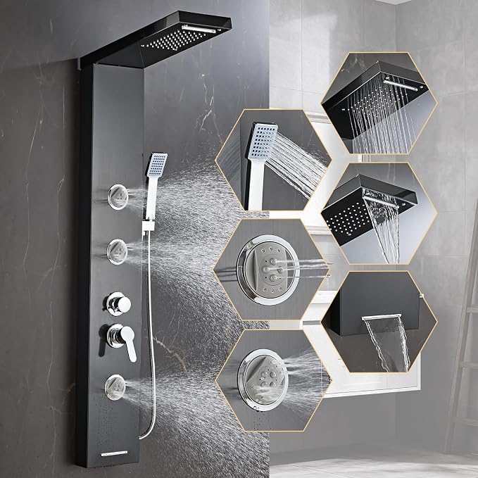 6 in1 Multi-Function Shower Panel Tower System-Brushed Black | 304 stainless steel Shower Panel Column Tower with Powerful Body Massage, Rainfall, Waterfall,Handheld and Tub Spout